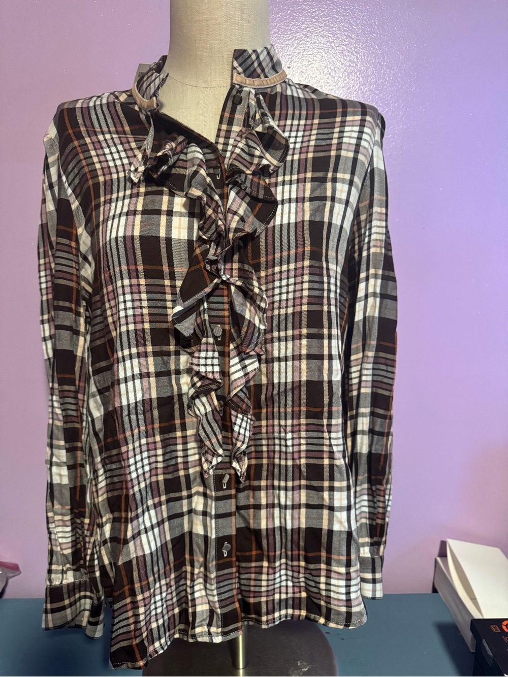 Chico's Plaid Ruffle Blouse in Black, Brown & Pink